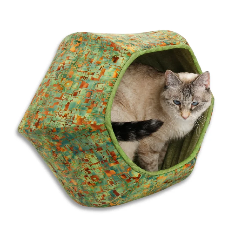 Cat Ball Bed - Green Brown Batik Squares