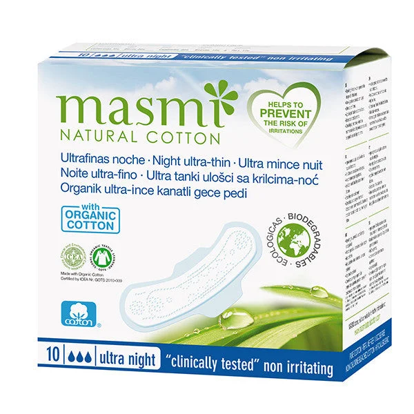 Masmi 100% Pure Cotton Soft Sanitary Pads-Night Wings Indvidually Wrapped 10s