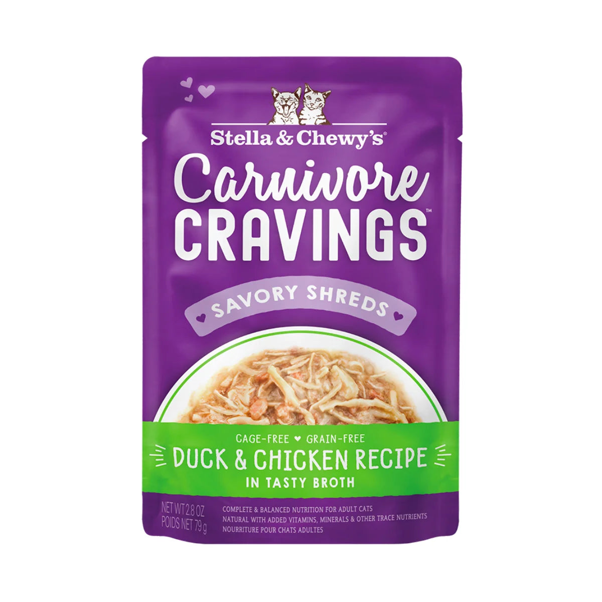 Stella & Chewy's - Carnivore Cravings Pouch For Adult Cats in Tasty Broth (Savory Shreds) - Duck & Chicken Recipe 2.8oz