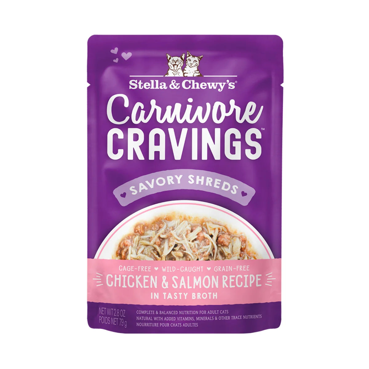 Stella & Chewy's - Carnivore Cravings Pouch For Adult Cats in Tasty Broth (Savory Shreds) - Chicken & Salmon Recipe 2.8oz