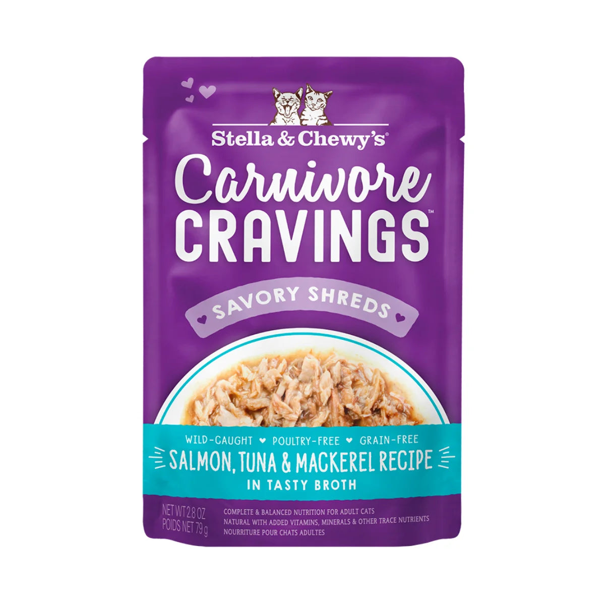 Stella & Chewy's - Carnivore Cravings Pouch For Adult Cats in Tasty Broth (Savory Shreds) - Salmon, Tuna & Mackerel Recipe 2.8oz