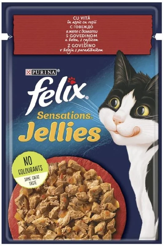 FELIX Sensations Gelees plic pentru pisici, vită în aspic, cu roşii, 85g