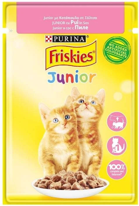 FRISKIES Plic hrană umedă pentru pisici JUNIOR, cu Pui în Sos 85g