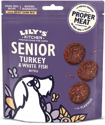 LILY'S KITCHEN Bites Recompensă pentru câini SENIOR, cu Peşte alb şi Curcan 70g